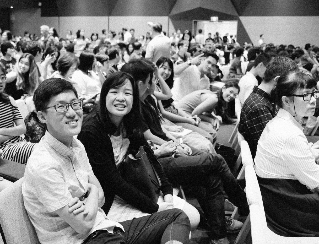People gathered in the Gospel Light auditorium