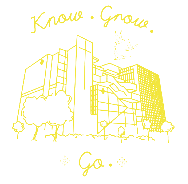 Stylised line drawing of our church building — Know, Grow, Go