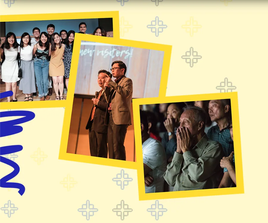Worship and community at Gospel Light — collage of fellowship, platform, and congregation